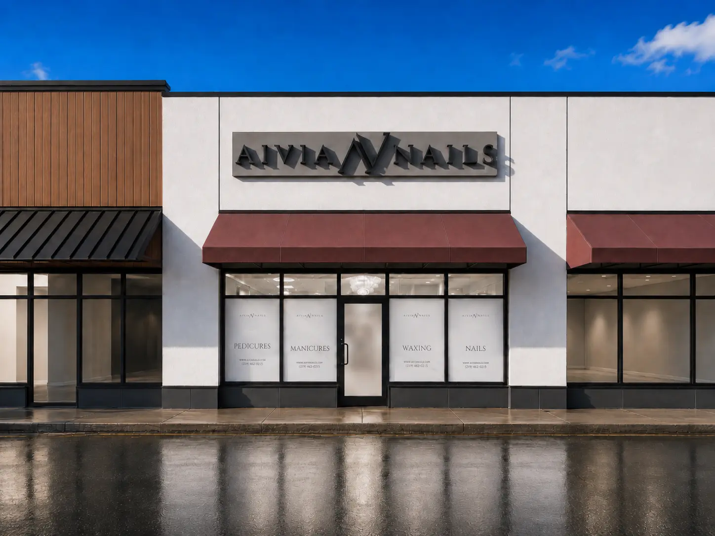 Aivia Nails storefront at dusk with a warmly lit sign and burgundy awning; window panels list Pedicures, Manicures, Waxing, and Nails with @AIVIANAILS and (250) 420-0215