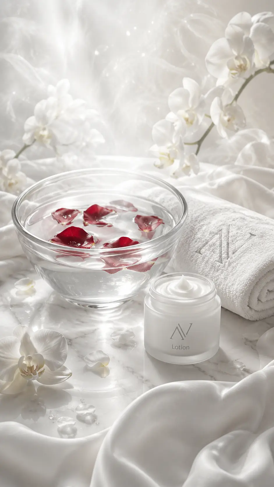 Aivia Nails manicure products with a spa bowl with rose petals, lotion, hot towel, and white orchids