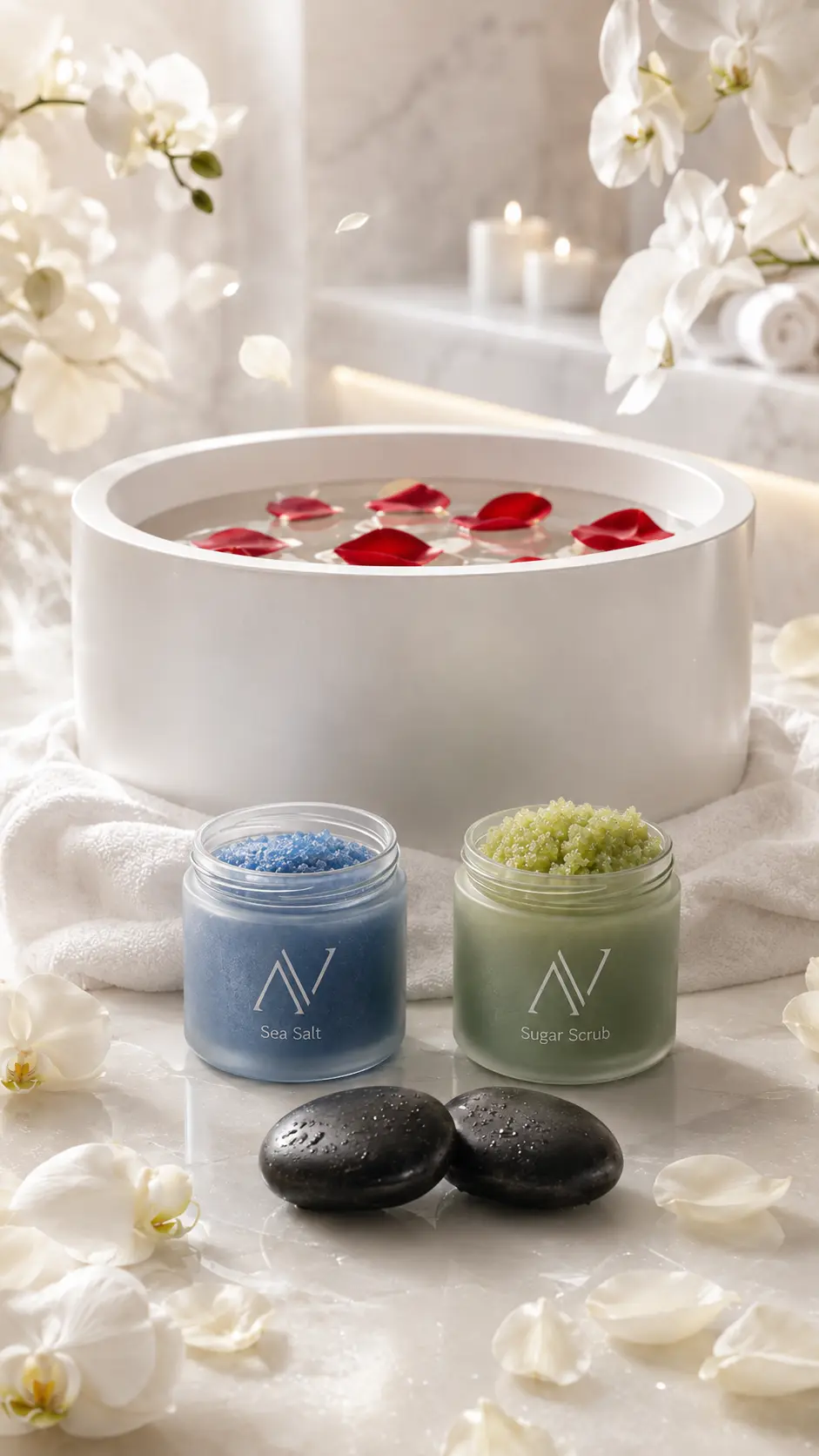 Aivia Nails pedicure products with sea salt, sugar scrub, rose petals, hot stones, and hot towels