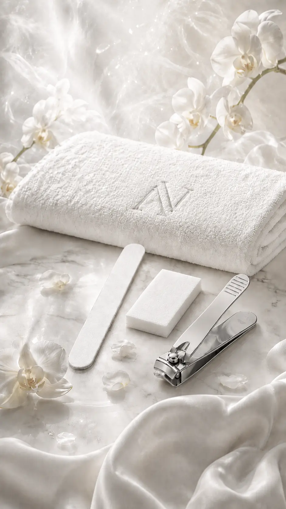 Aivia Nails trimming products with white towel with manicure tools for trimming