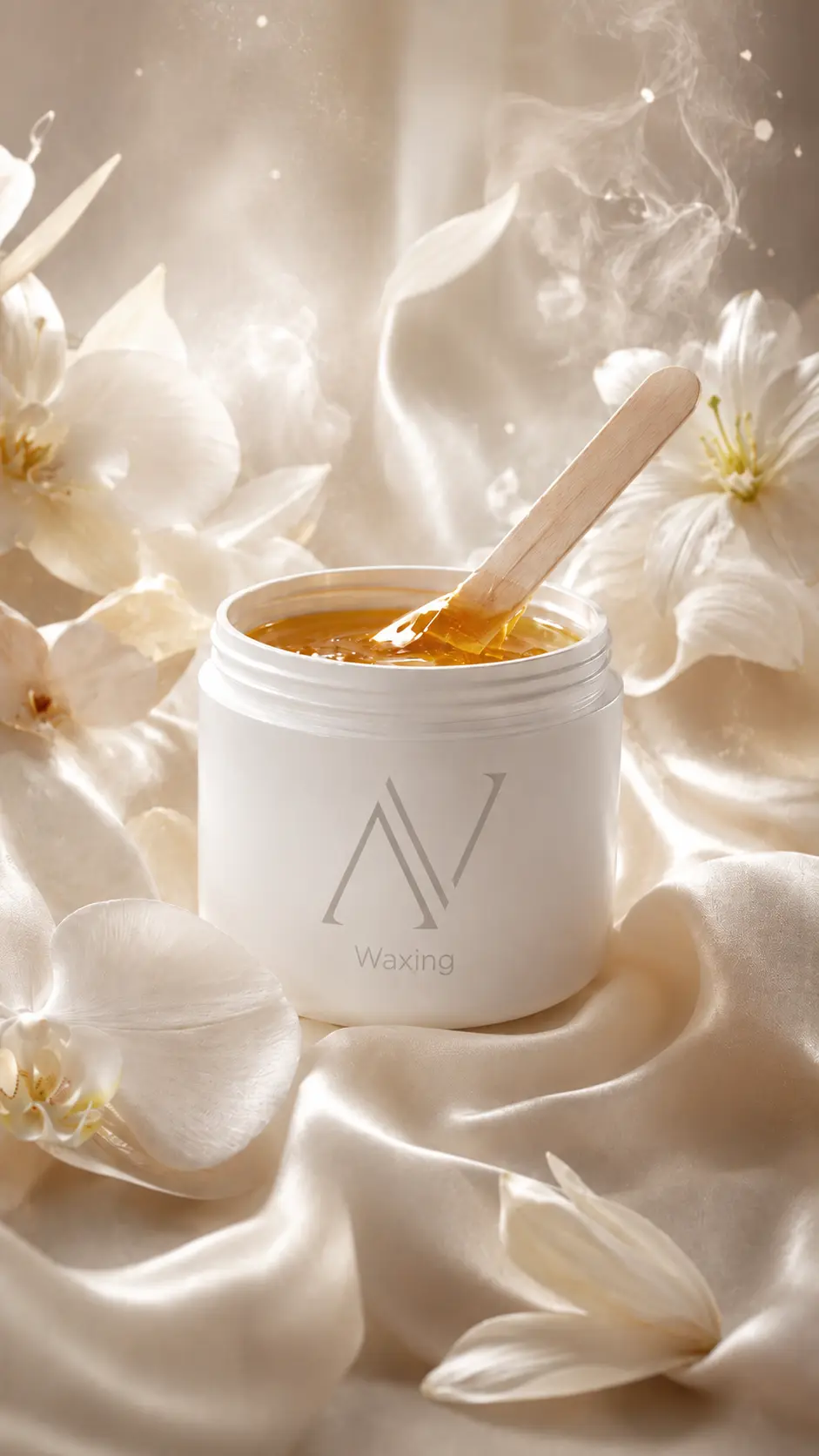 Aivia Nails waxing jar of warm golden honey wax with a wooden spatula for eyebrow waxing, lip waxing, and chin waxing